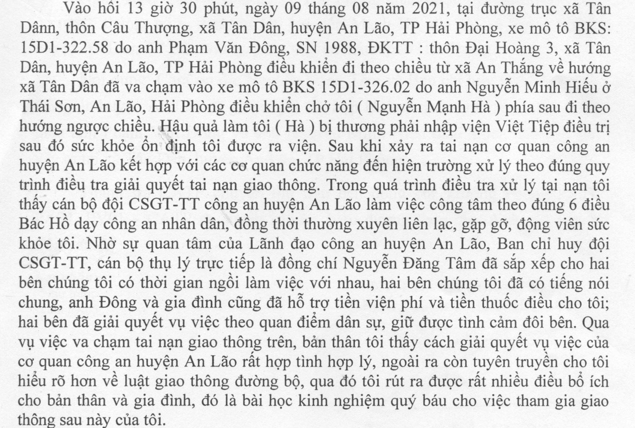 Anh Nguyễn Mạnh Hà, ở xã Trường Thọ, huyện An Lão (Hải Phòng) gửi thư cảm ơn